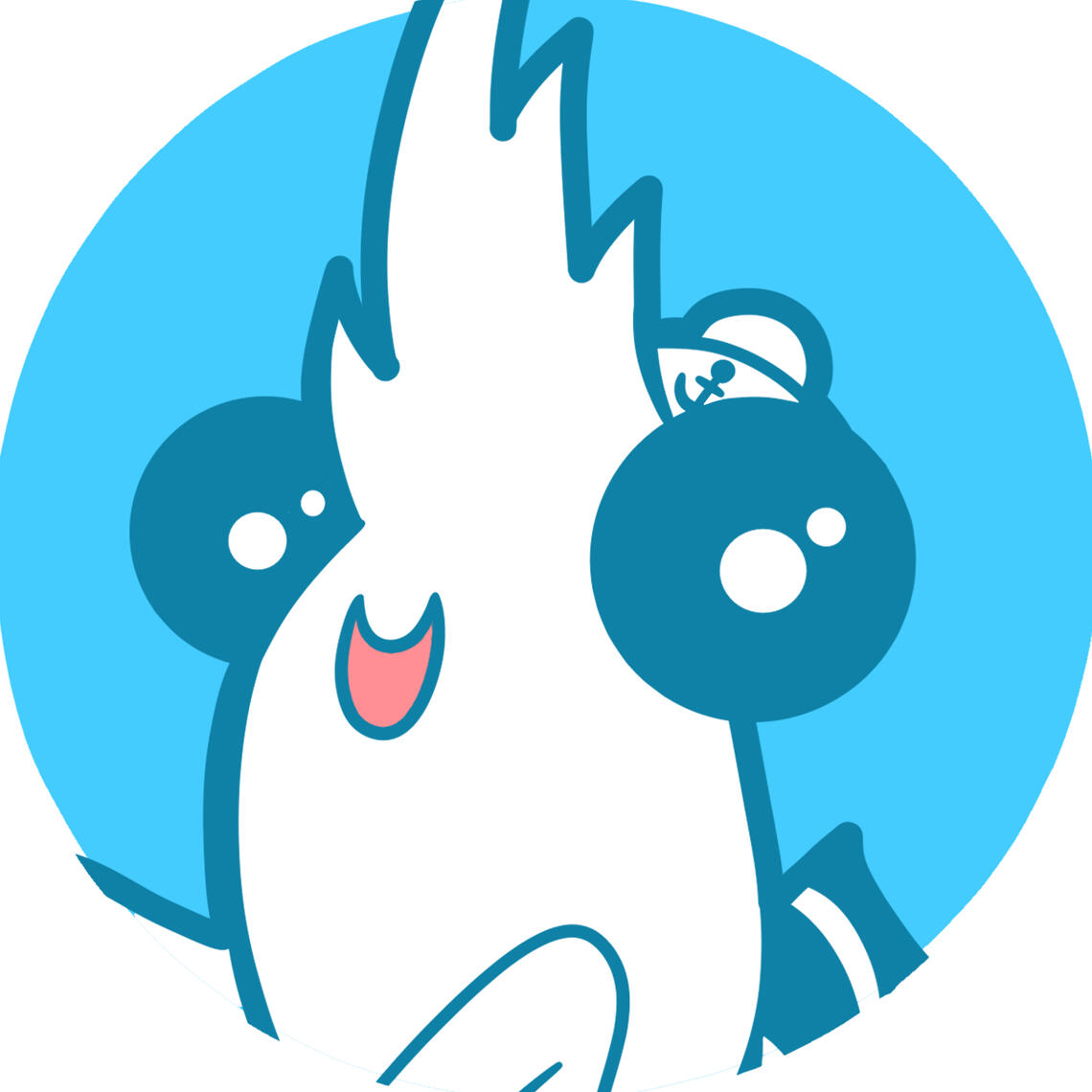 Sailor Shrimpp’s mascot, a white shrimp with blue stripes wearing a sailor cap, on a sky blue background.